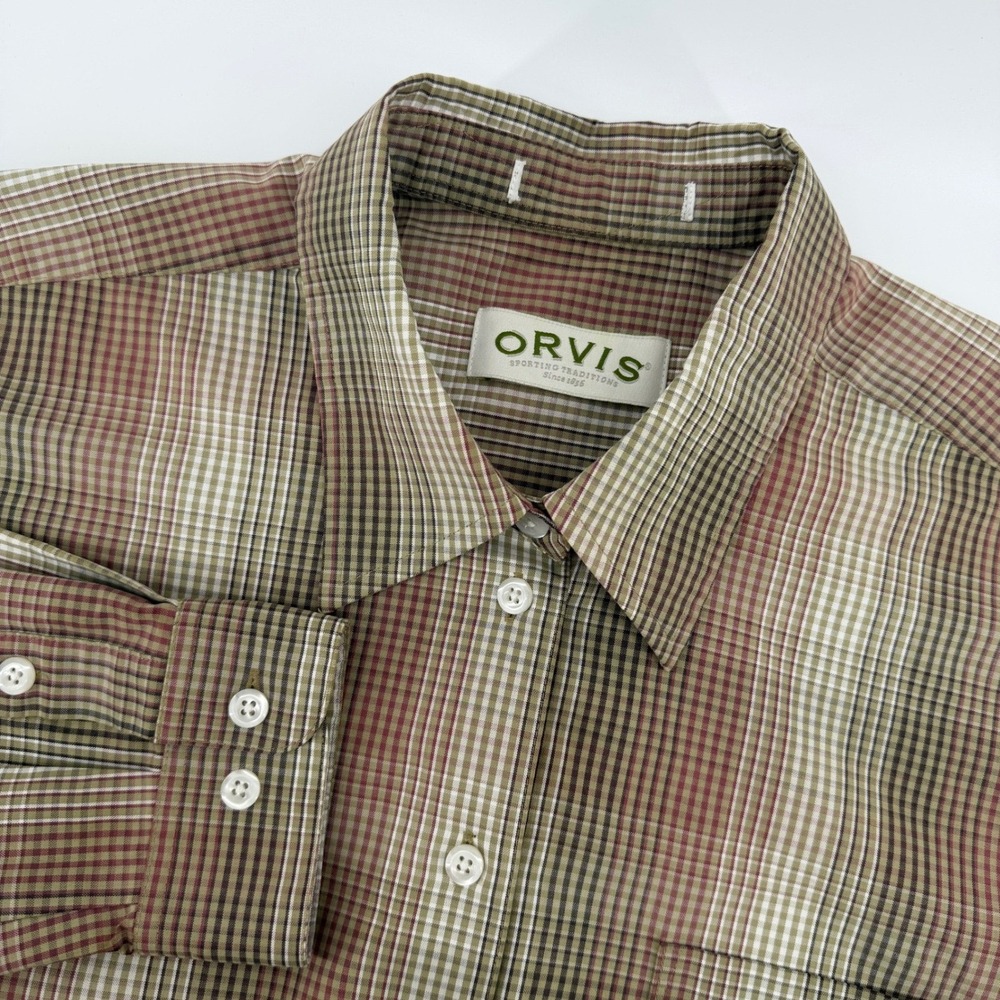 Orvis Plaid Button Down Shirt Womens M Brown Tan Red Long Sleeve Outdoor Classic